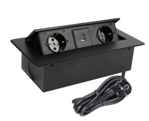 KOMBIBOX 3m cable, black color, 2x SCHUKO socket, 1xUSB A, 1xUSB C