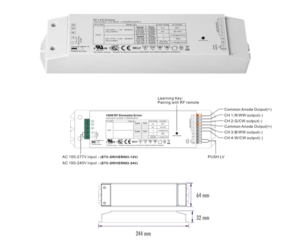 FONTE AL/CONTROLADOR RF/PUSH-DIM 12VDC 8.33A 100W MONO/CCT/RGBW IP20