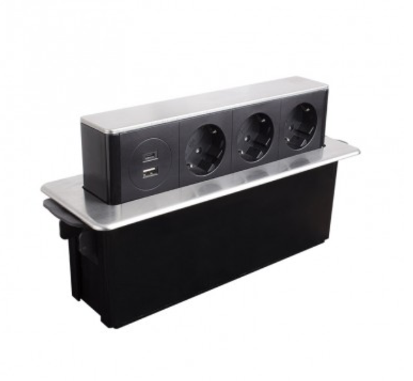 Bloco de tomadas em linha, aluminio, 3xschucko, 1 x USB tipo A, 1 x USB tipo C, cabo