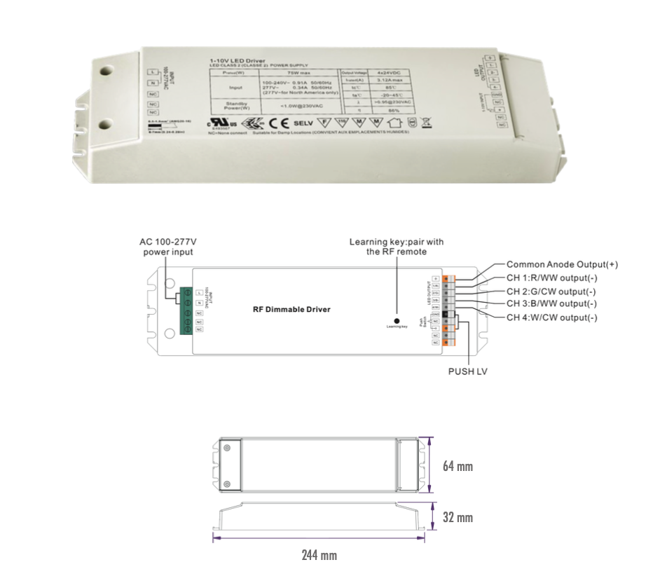 FONTE AL./CONTROLADOR RF/PUSH-DIM 24VDC 3.12A 75W MONO/CCT/RGBW IP20