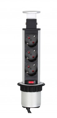Bloco de tomadas elevatório 60mm, aluminio, 3x Schucko, cabo de 1,8m