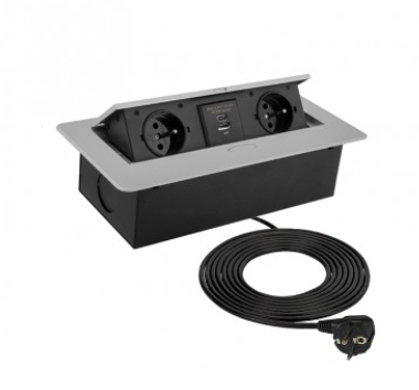 [KOMB-AL-2DE-UAC-1,5-01W] KOMBI BOX USB WITH 1,5M/3M POWER CABLE AND PLUG WITH ELECTRICAL GROUNDING, Alumínio, 2 x SCHUKO - 2 x USB - 1,5 m: