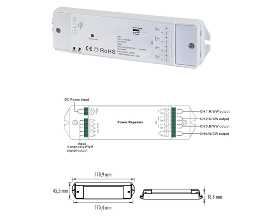 [ECT-AMP001] AMPLIFICADOR MONO/CCT/RGBW 12-36VDC 4CHx5A 240W-720W IP20