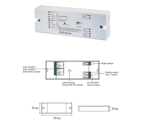 [ECT-RECEIVER002] CONTROLADOR RF/PUSH-DIM 0-5V/0-10V/0-15VDC/PWM IP20